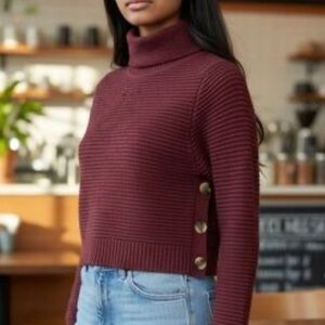 Madewell size XXS Women’s Burgundy Cotton/Wool Side Button Turtleneck Sweater